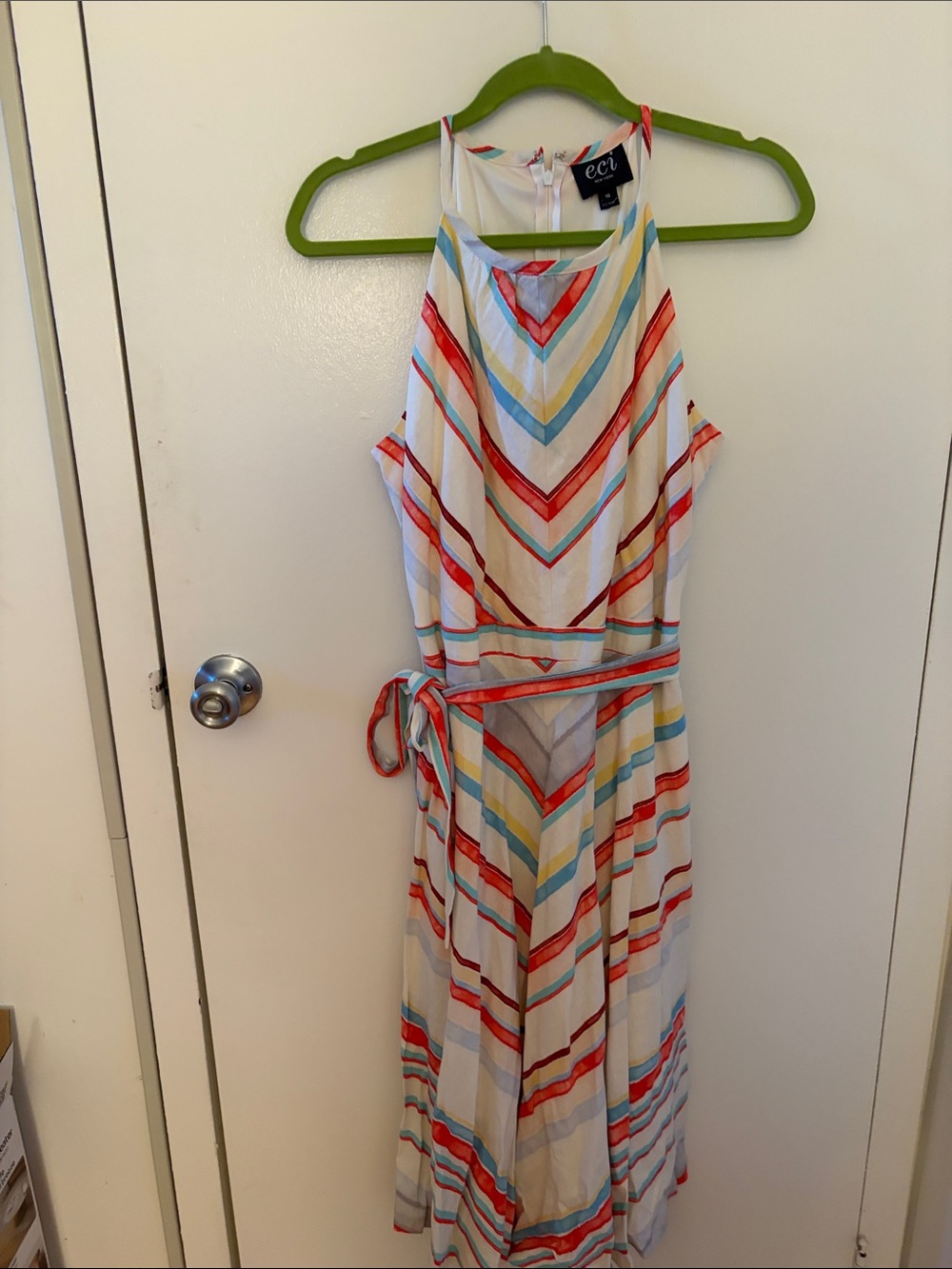 ECI White Striped Halter Maxi Dress with Red, Blue & Yellow Accents